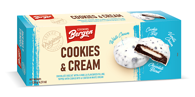 Печенье Bergen Cookies&Cream шоколадное с ванильным вкусом в бел.глазури 128гр