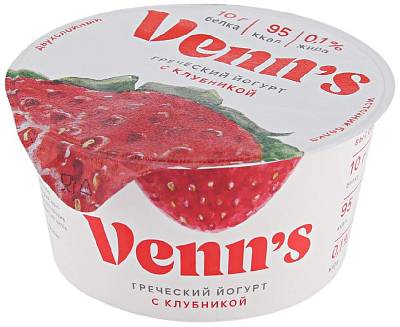 Йогурт Venn`s Греческий обезжиренный с клубникой 0,1% стакан 130гр  БЕЗ ЗМЖ