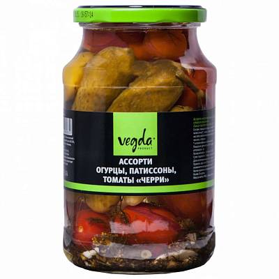 Ассорти Vegda овощное маринованное огурцы, патиссоны, черри ст/б 900мл (Вегда)