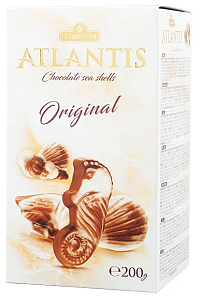 Конфеты "ATLANTIS" Морские ракушки из молочного и белого шоколада с начинкой из орехового крема 200г