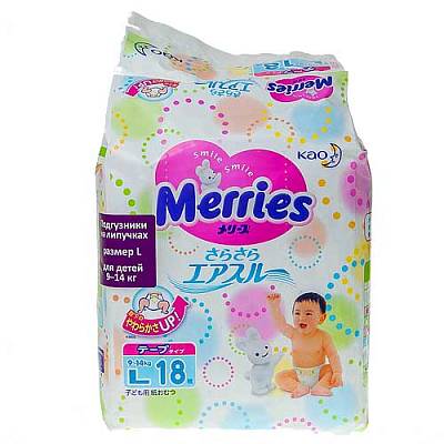Подгузники Merries для детей размер L 9-14кг 18шт