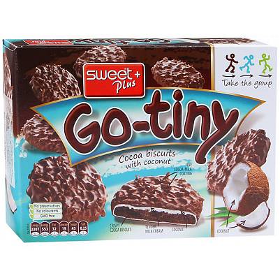 Печенье Go-tiny бисквитное с  шок.вкусом и  молоч.кремом в шоколадно кокосовой глазури 130гр