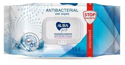 Влажные салфетки Аура для всей семьи с антибактериальным эффектом (с крышкой) 144шт