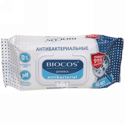 Влажные салфетки BioCos Антибактериальные 80 шт с клапаном