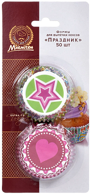 Формы Marmiton для выпечки кексов "Праздник" бумажные  (d 5 см*d 7 см, h 3 см) дизайн в ассортименте 50 штук