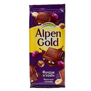 Шоколад  Альпен Гольд  с фундуком и изюмом  90грх21