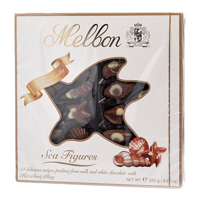 Набор конфет Melbon морские фигуры из молочного и белого шоколада с начинкой ореховое пралине 125гр