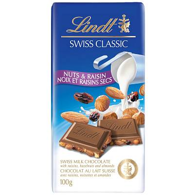 Шоколад Lindt Швейцарская классика молочный орех изюм 100гр