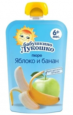 Пюре Бабушкино Лукошко яблоко и банан, с 6 мес,б/сах, пауч 90гр