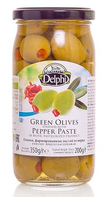 Оливки DELPHI фаршированные пастой из перца в рассоле ст/б 350г