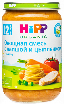 Пюре HIPP Овощная смесь с лапшой и цыпленком с Омегой-3, с 12 мес,190г